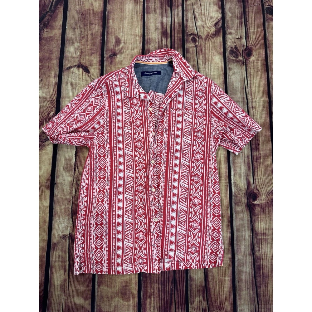 Tommy Bahama Men's Red/White Geometric Woven Collared Button-Up SS Reg